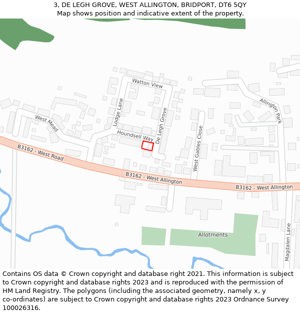 3, DE LEGH GROVE, WEST ALLINGTON, BRIDPORT, DT6 5QY: Location map and indicative extent of plot