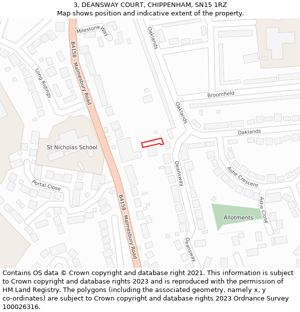 3, DEANSWAY COURT, CHIPPENHAM, SN15 1RZ: Location map and indicative extent of plot