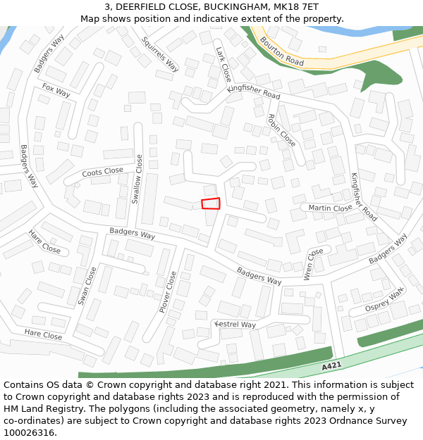 3, DEERFIELD CLOSE, BUCKINGHAM, MK18 7ET: Location map and indicative extent of plot