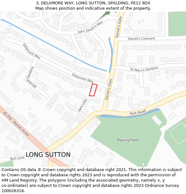 3, DELAMORE WAY, LONG SUTTON, SPALDING, PE12 9DX: Location map and indicative extent of plot