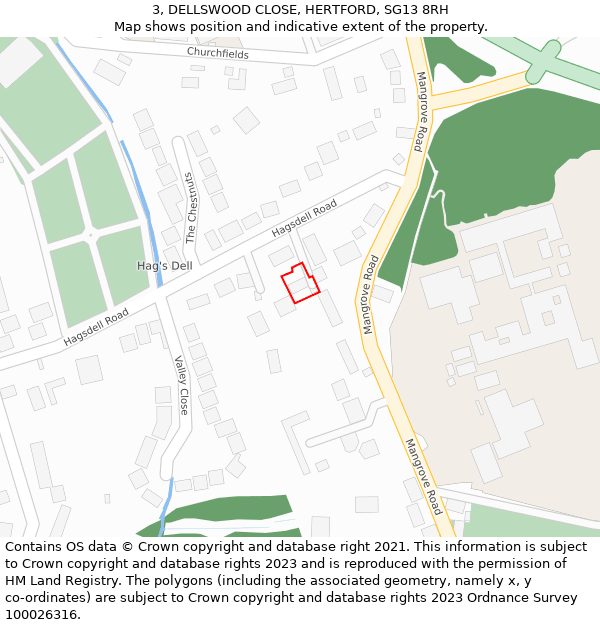 3, DELLSWOOD CLOSE, HERTFORD, SG13 8RH: Location map and indicative extent of plot