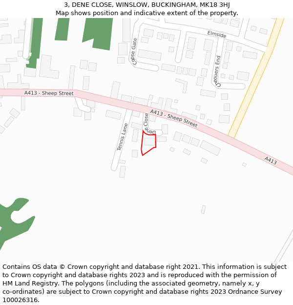 3, DENE CLOSE, WINSLOW, BUCKINGHAM, MK18 3HJ: Location map and indicative extent of plot