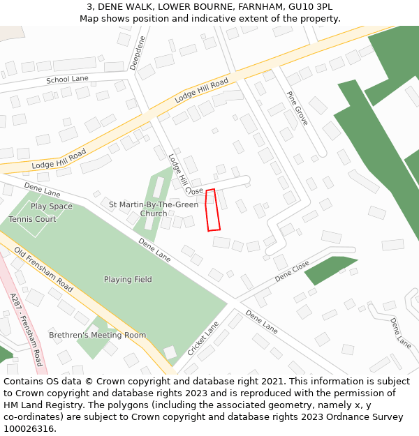 3, DENE WALK, LOWER BOURNE, FARNHAM, GU10 3PL: Location map and indicative extent of plot
