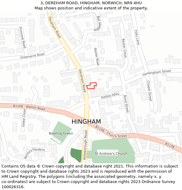 3, DEREHAM ROAD, HINGHAM, NORWICH, NR9 4HU: Location map and indicative extent of plot