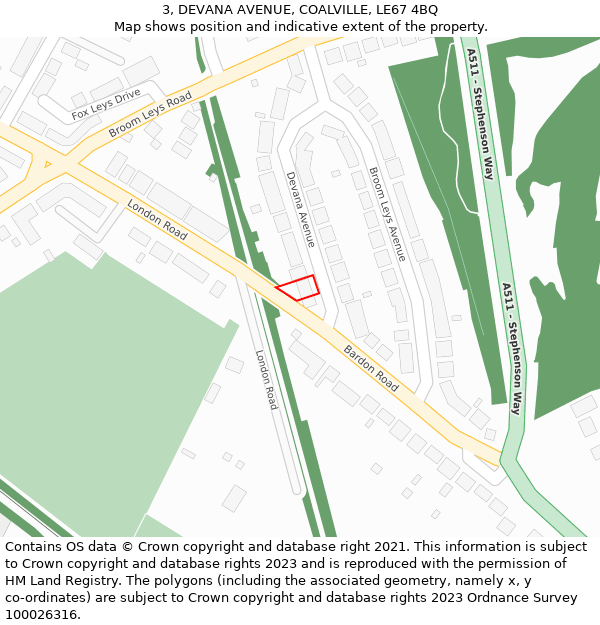3, DEVANA AVENUE, COALVILLE, LE67 4BQ: Location map and indicative extent of plot