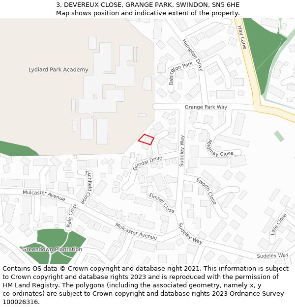 3, DEVEREUX CLOSE, GRANGE PARK, SWINDON, SN5 6HE: Location map and indicative extent of plot