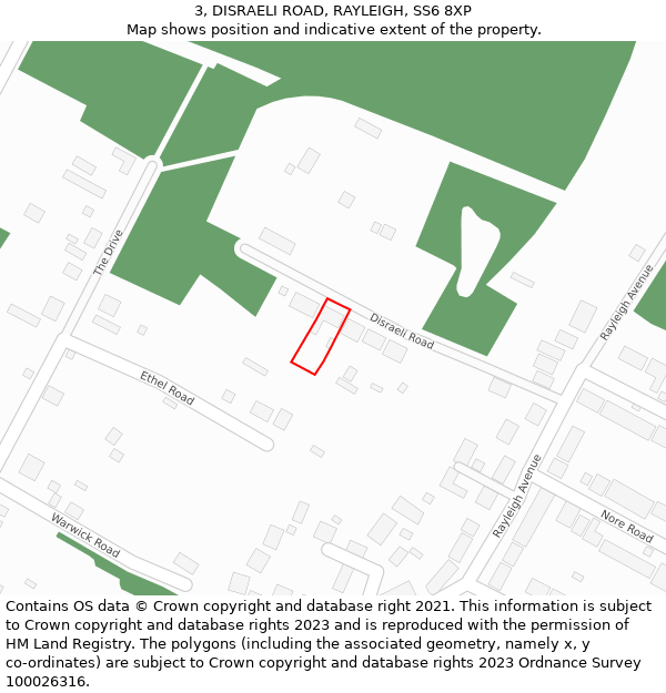 3, DISRAELI ROAD, RAYLEIGH, SS6 8XP: Location map and indicative extent of plot
