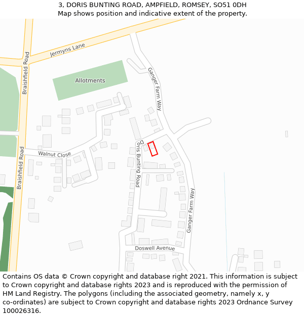 3, DORIS BUNTING ROAD, AMPFIELD, ROMSEY, SO51 0DH: Location map and indicative extent of plot