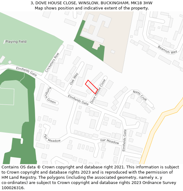3, DOVE HOUSE CLOSE, WINSLOW, BUCKINGHAM, MK18 3HW: Location map and indicative extent of plot