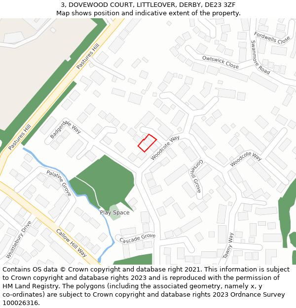 3, DOVEWOOD COURT, LITTLEOVER, DERBY, DE23 3ZF: Location map and indicative extent of plot