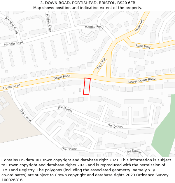 3, DOWN ROAD, PORTISHEAD, BRISTOL, BS20 6EB: Location map and indicative extent of plot