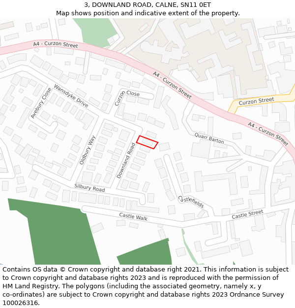 3, DOWNLAND ROAD, CALNE, SN11 0ET: Location map and indicative extent of plot