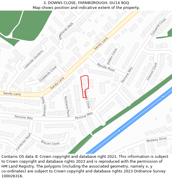 3, DOWNS CLOSE, FARNBOROUGH, GU14 9GQ: Location map and indicative extent of plot