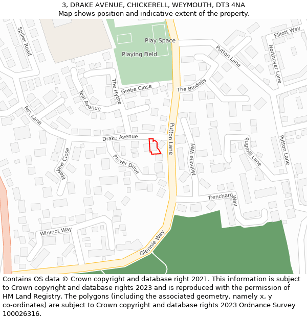 3, DRAKE AVENUE, CHICKERELL, WEYMOUTH, DT3 4NA: Location map and indicative extent of plot