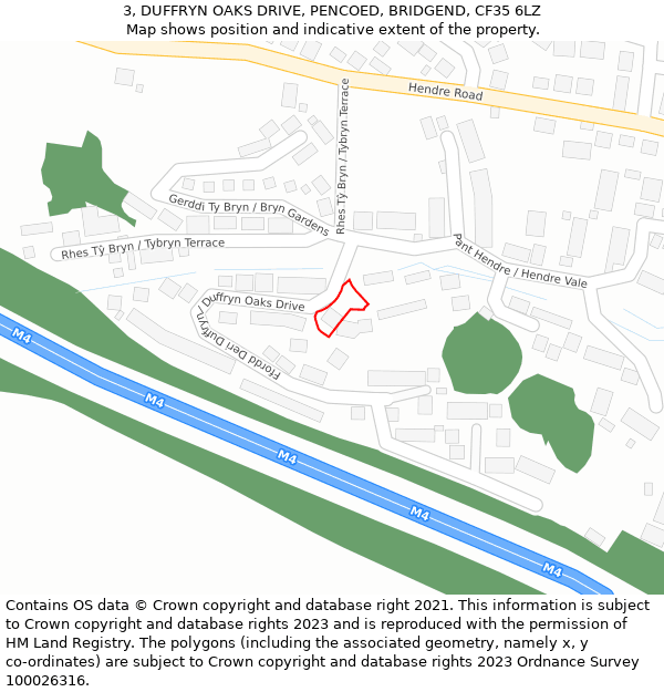 3, DUFFRYN OAKS DRIVE, PENCOED, BRIDGEND, CF35 6LZ: Location map and indicative extent of plot