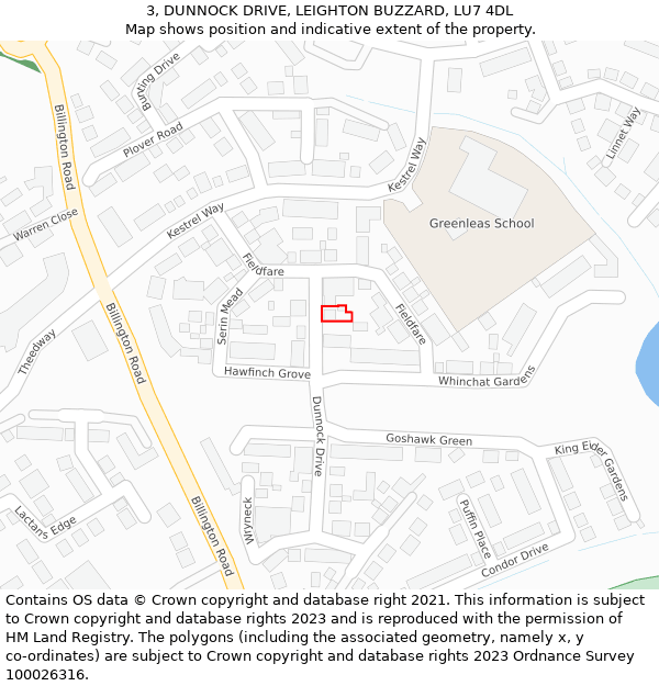 3, DUNNOCK DRIVE, LEIGHTON BUZZARD, LU7 4DL: Location map and indicative extent of plot