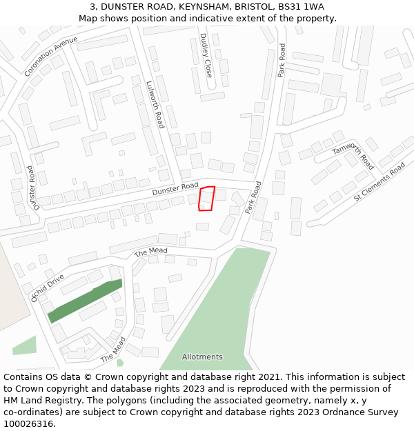 3, DUNSTER ROAD, KEYNSHAM, BRISTOL, BS31 1WA: Location map and indicative extent of plot