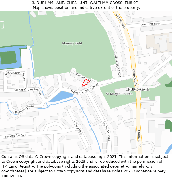 3, DURHAM LANE, CHESHUNT, WALTHAM CROSS, EN8 9FH: Location map and indicative extent of plot