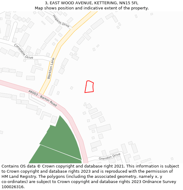 3, EAST WOOD AVENUE, KETTERING, NN15 5FL: Location map and indicative extent of plot