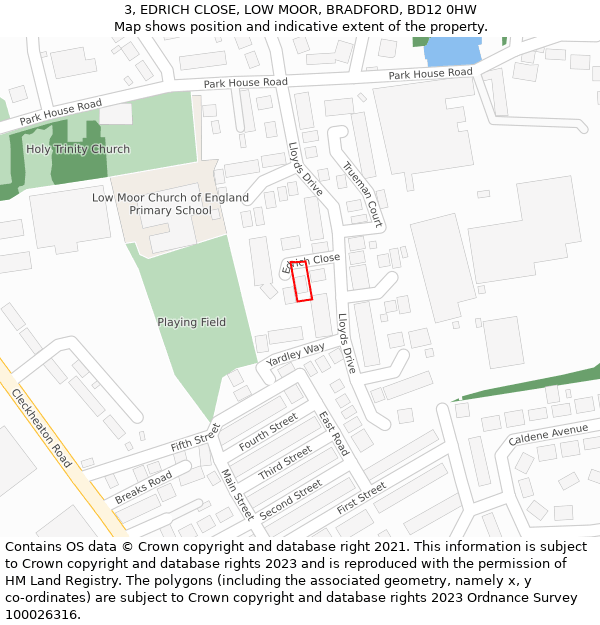 3, EDRICH CLOSE, LOW MOOR, BRADFORD, BD12 0HW: Location map and indicative extent of plot
