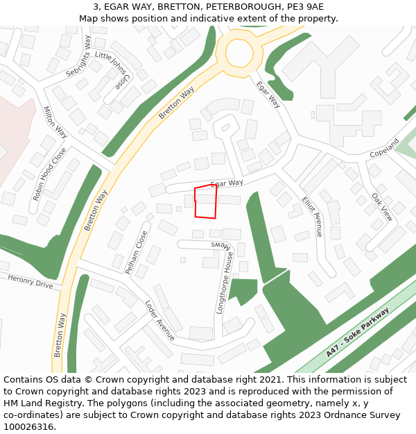 3, EGAR WAY, BRETTON, PETERBOROUGH, PE3 9AE: Location map and indicative extent of plot