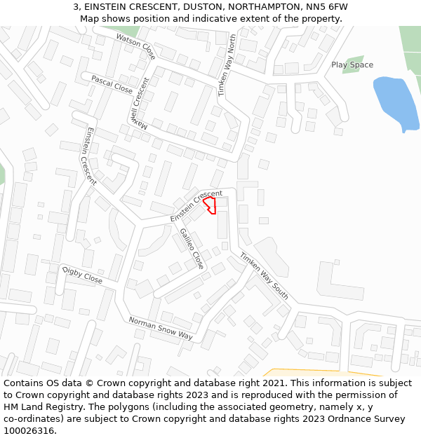 3, EINSTEIN CRESCENT, DUSTON, NORTHAMPTON, NN5 6FW: Location map and indicative extent of plot