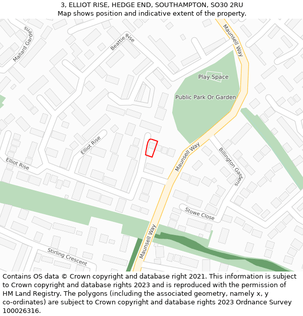 3, ELLIOT RISE, HEDGE END, SOUTHAMPTON, SO30 2RU: Location map and indicative extent of plot