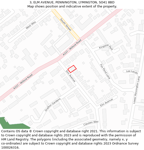 3, ELM AVENUE, PENNINGTON, LYMINGTON, SO41 8BD: Location map and indicative extent of plot