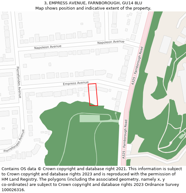 3, EMPRESS AVENUE, FARNBOROUGH, GU14 8LU: Location map and indicative extent of plot