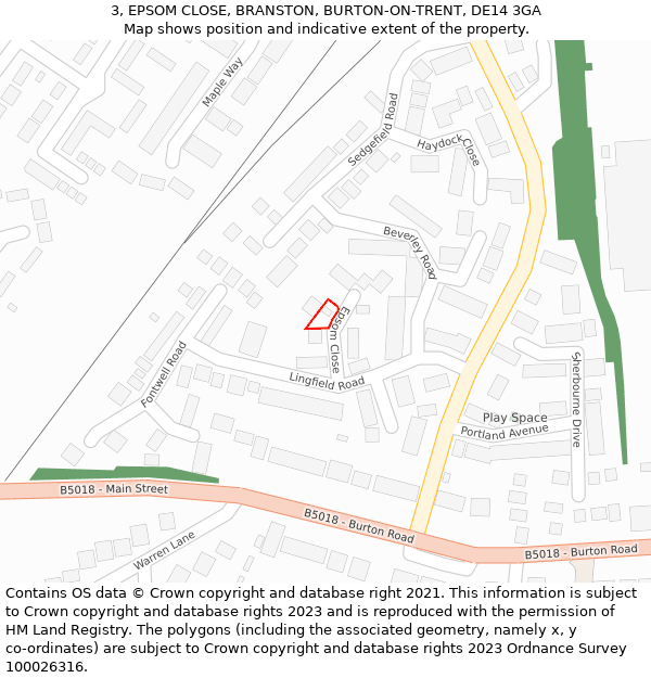 3, EPSOM CLOSE, BRANSTON, BURTON-ON-TRENT, DE14 3GA: Location map and indicative extent of plot