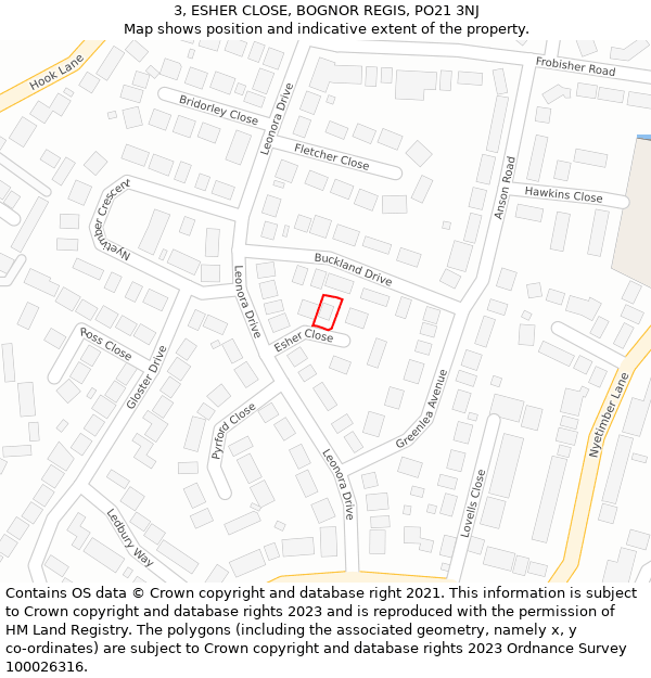 3, ESHER CLOSE, BOGNOR REGIS, PO21 3NJ: Location map and indicative extent of plot