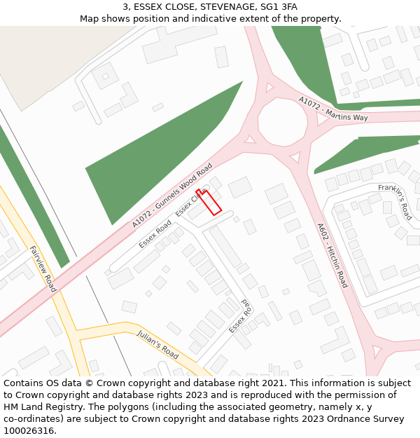 3, ESSEX CLOSE, STEVENAGE, SG1 3FA: Location map and indicative extent of plot