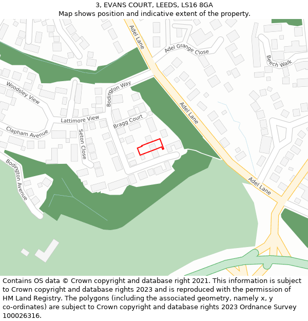 3, EVANS COURT, LEEDS, LS16 8GA: Location map and indicative extent of plot