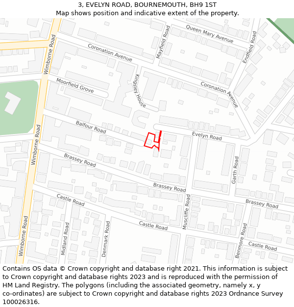 3, EVELYN ROAD, BOURNEMOUTH, BH9 1ST: Location map and indicative extent of plot