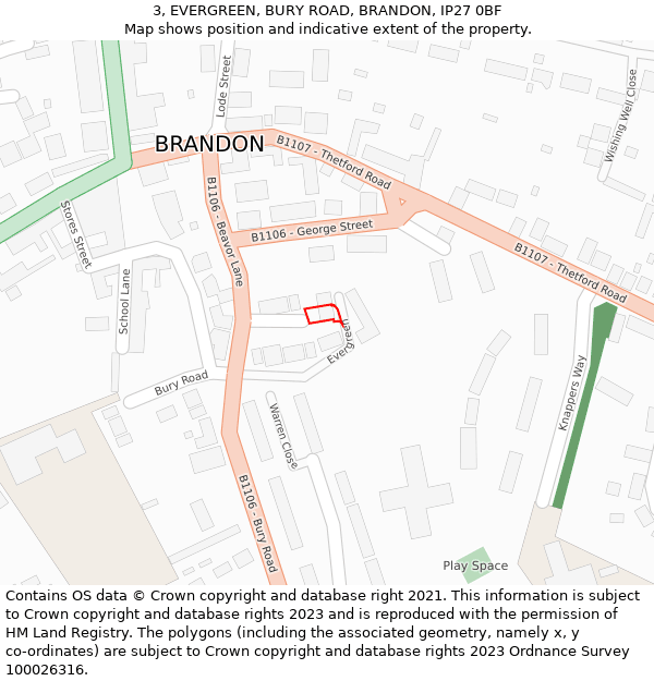 3, EVERGREEN, BURY ROAD, BRANDON, IP27 0BF: Location map and indicative extent of plot