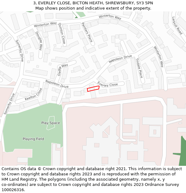 3, EVERLEY CLOSE, BICTON HEATH, SHREWSBURY, SY3 5PN: Location map and indicative extent of plot