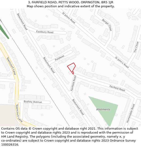 3, FAIRFIELD ROAD, PETTS WOOD, ORPINGTON, BR5 1JR: Location map and indicative extent of plot