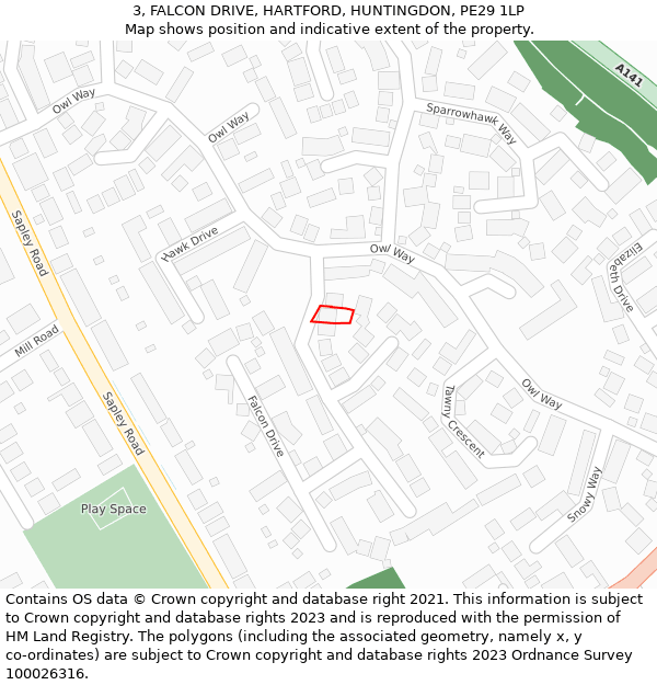 3, FALCON DRIVE, HARTFORD, HUNTINGDON, PE29 1LP: Location map and indicative extent of plot