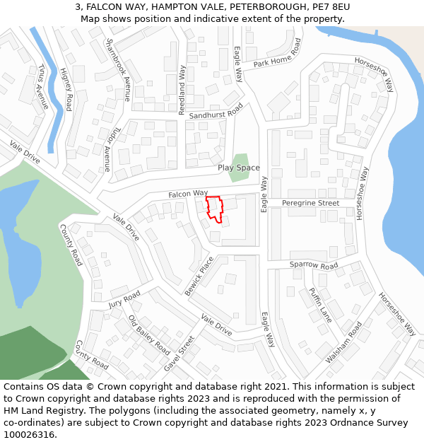 3, FALCON WAY, HAMPTON VALE, PETERBOROUGH, PE7 8EU: Location map and indicative extent of plot