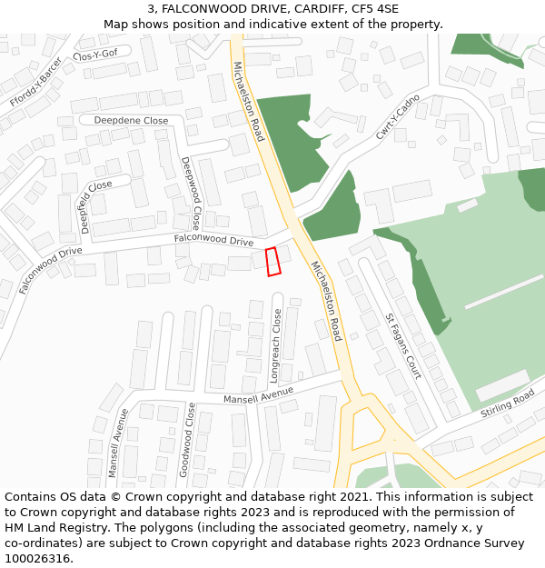 3, FALCONWOOD DRIVE, CARDIFF, CF5 4SE: Location map and indicative extent of plot
