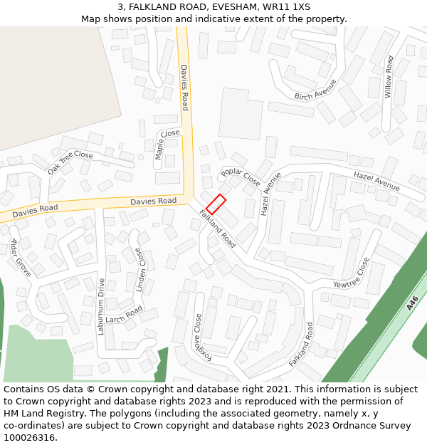 3, FALKLAND ROAD, EVESHAM, WR11 1XS: Location map and indicative extent of plot