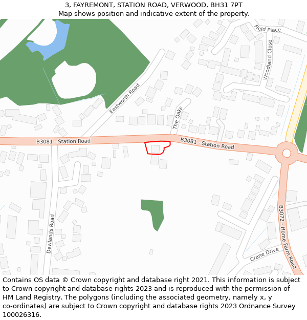 3, FAYREMONT, STATION ROAD, VERWOOD, BH31 7PT: Location map and indicative extent of plot