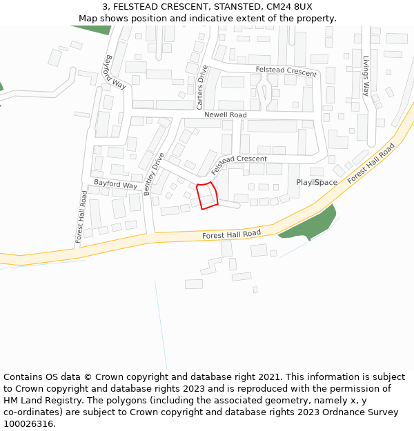 3, FELSTEAD CRESCENT, STANSTED, CM24 8UX: Location map and indicative extent of plot