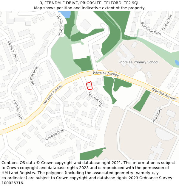 3, FERNDALE DRIVE, PRIORSLEE, TELFORD, TF2 9QL: Location map and indicative extent of plot