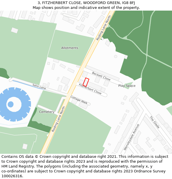 3, FITZHERBERT CLOSE, WOODFORD GREEN, IG8 8FJ: Location map and indicative extent of plot
