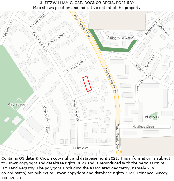 3, FITZWILLIAM CLOSE, BOGNOR REGIS, PO21 5RY: Location map and indicative extent of plot