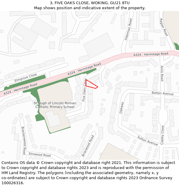 3, FIVE OAKS CLOSE, WOKING, GU21 8TU: Location map and indicative extent of plot