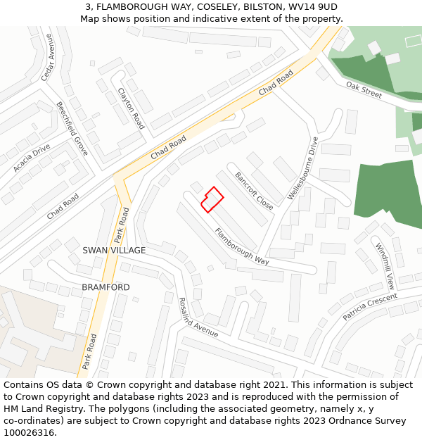 3, FLAMBOROUGH WAY, COSELEY, BILSTON, WV14 9UD: Location map and indicative extent of plot