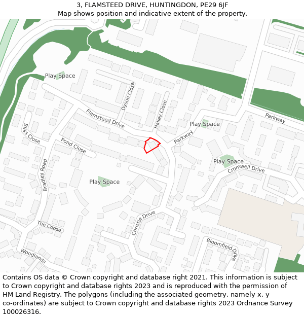 3, FLAMSTEED DRIVE, HUNTINGDON, PE29 6JF: Location map and indicative extent of plot