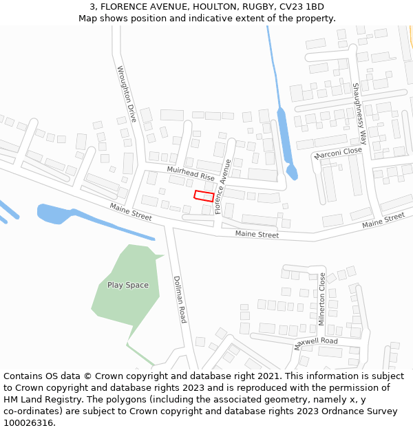 3, FLORENCE AVENUE, HOULTON, RUGBY, CV23 1BD: Location map and indicative extent of plot